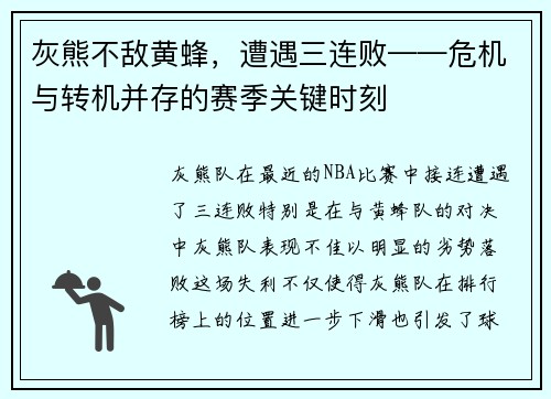 灰熊不敌黄蜂，遭遇三连败——危机与转机并存的赛季关键时刻